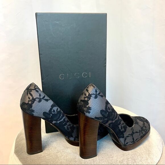 TOM Ford for Gucci Black and Gray Lace Silk Platform Heels Sz 35🔥 - Picture 13 of 14